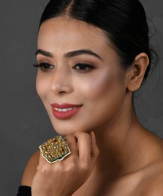Gold Tone Kundan Adjustable Ring With Pearls 2