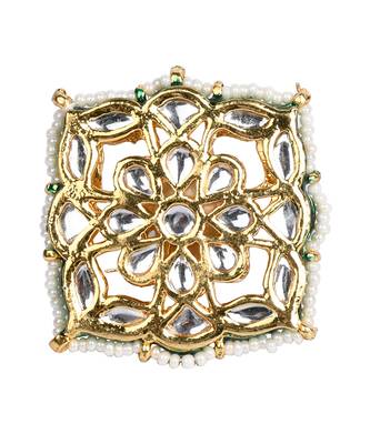 Gold Tone Kundan Adjustable Ring With Pearls 3
