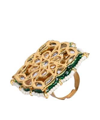 Gold Tone Kundan Adjustable Ring With Pearls 4