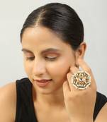Classic Gold Tone Kundan-Inspired Pearl Beaded Adjustable Ring