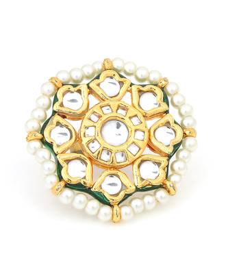Classic Gold Tone Kundan-Inspired Pearl Beaded Adjustable Ring 5