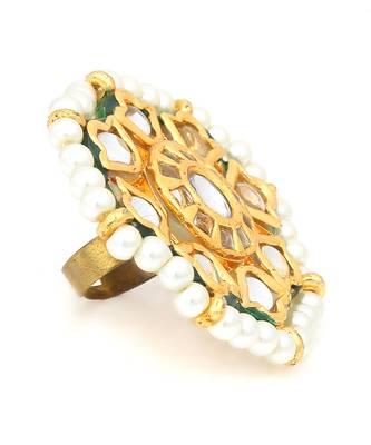 Classic Gold Tone Kundan-Inspired Pearl Beaded Adjustable Ring 6