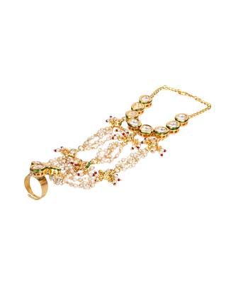 Gold Tone Kundan Haathphool with Pearls 3