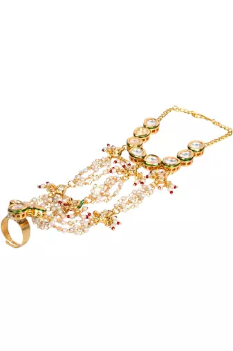 Gold Tone Kundan Haathphool with Pearls