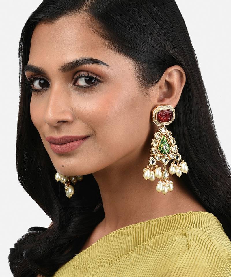 Multi-Colour Kundan Polki Chandelier Earrings With Agates And Pearls