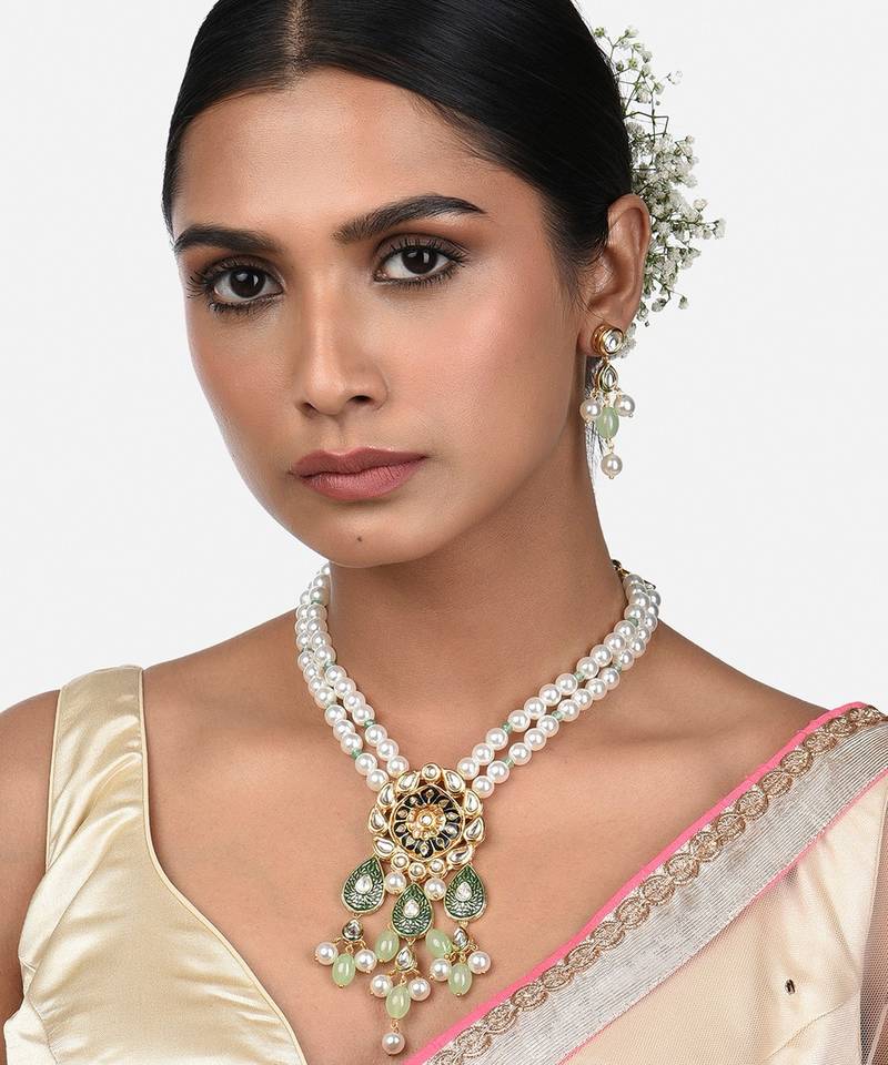 Gold Tone Kundan Polki And Pearl Necklace And Earrings Set