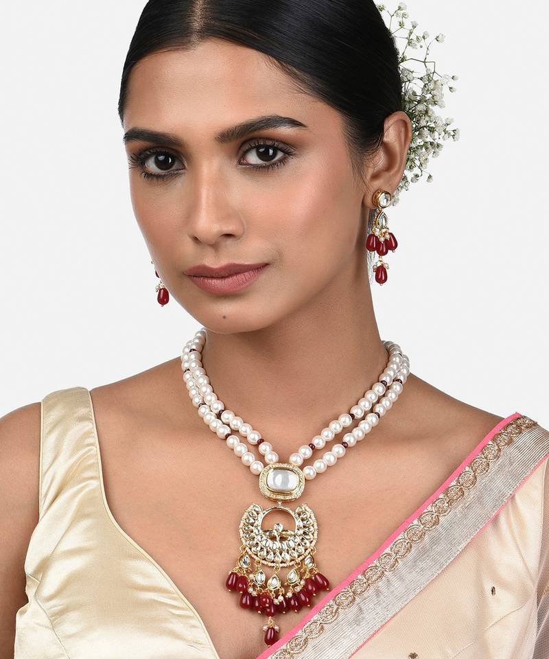 White Pearl And Kundan Polki Necklace And Earrings Set