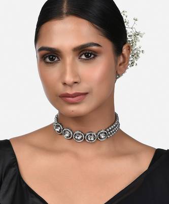 Grey Pearl And Kundan Polki Choker Necklace 1