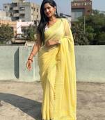 Yellow Gifted Georgette Stone Patch Work Saree