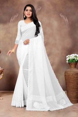 White Gifted Georgette Stone Patch Work Saree 1