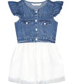 Budding Bees Infants Denim With Net Flared Dress-Blue