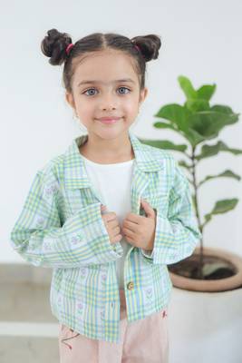 Budding Bees Girls Cotton Jacquard Printed Short Jacket-Green 1