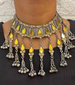 Afghani Choker Set Oxidised Silver  Set Antique Necklace Designer Boho Ethnic Glass Choker Mirror Choker