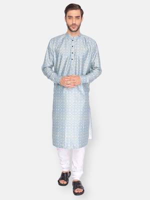 Namaskar Sky Blue Self Design linen men-kurtas 1