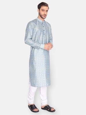 Namaskar Sky Blue Self Design linen men-kurtas 2
