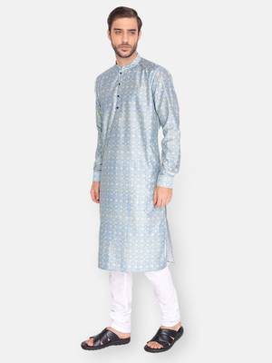 Namaskar Sky Blue Self Design linen men-kurtas 3