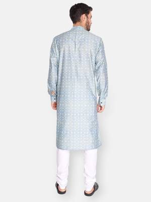 Namaskar Sky Blue Self Design linen men-kurtas 4