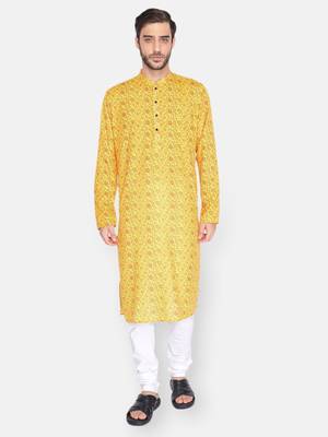 Namaskar Yellow Printed linen men-kurtas 1