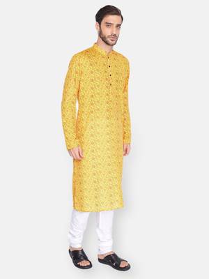 Namaskar Yellow Printed linen men-kurtas 2