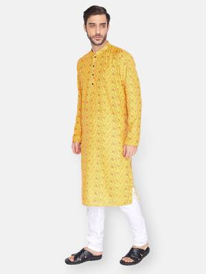 Namaskar Yellow Printed linen men-kurtas 3