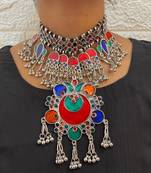 Multicolor Choker Afghani Choker Set Oxidised Silver  Set Antique Necklace Designer Boho Ethnic