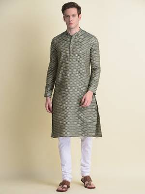 Namaskar Green Self Design cotton men-kurtas 1