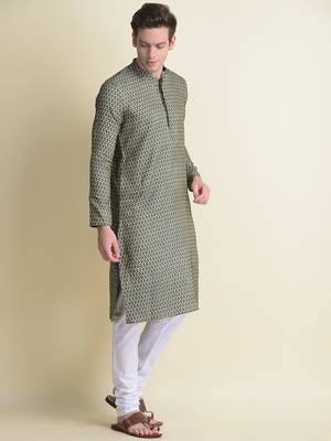 Namaskar Green Self Design cotton men-kurtas 4