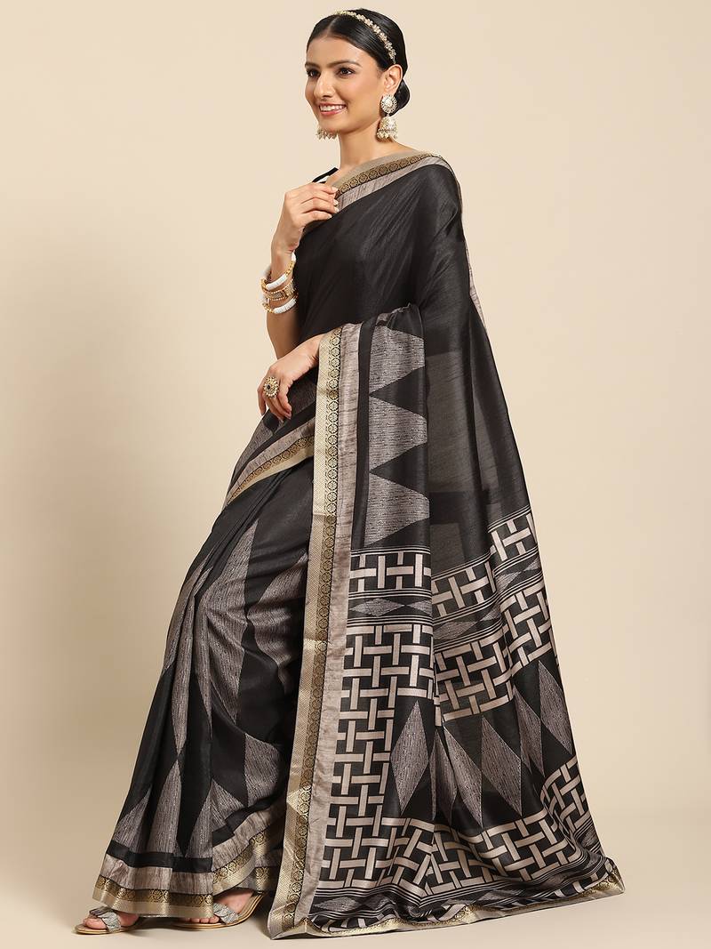 Charcoal printed poly silk saree with blouse