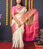 Cream woven Faux kanchipuram silk saree with blouse