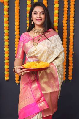 Cream woven Faux kanchipuram silk saree with blouse 2