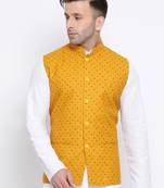 Namaskar mustard printed linen nehru-jacket
