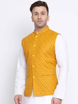 Namaskar mustard printed linen nehru-jacket 2