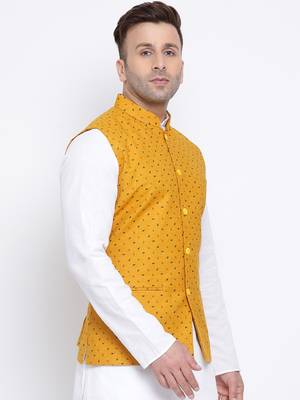Namaskar mustard printed linen nehru-jacket 3
