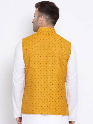 Namaskar mustard printed linen nehru-jacket 4