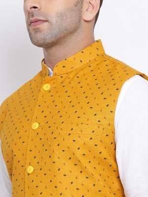 Namaskar mustard printed linen nehru-jacket 5