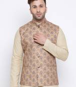 Namaskar light brown printed linen nehru-jacket