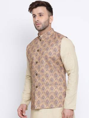 Namaskar light brown printed linen nehru-jacket 2
