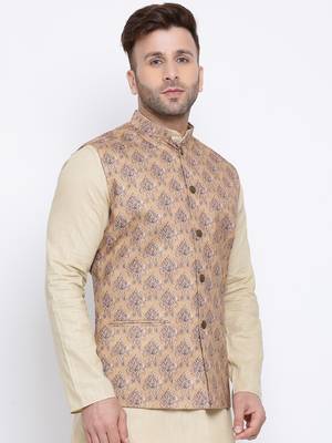 Namaskar light brown printed linen nehru-jacket 3
