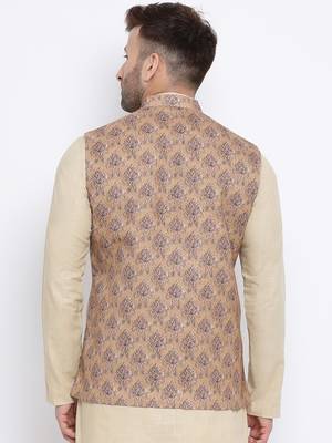 Namaskar light brown printed linen nehru-jacket 4