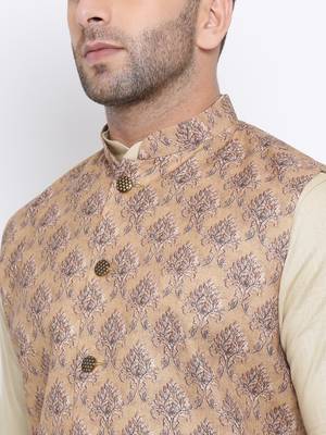 Namaskar light brown printed linen nehru-jacket 5