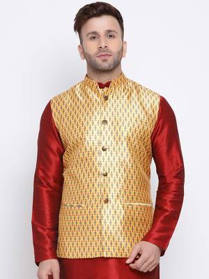 Namaskar mustard printed silk nehru-jacket 1