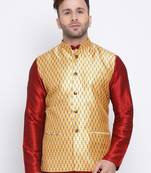 Namaskar mustard printed silk nehru-jacket