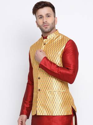 Namaskar mustard printed silk nehru-jacket 2