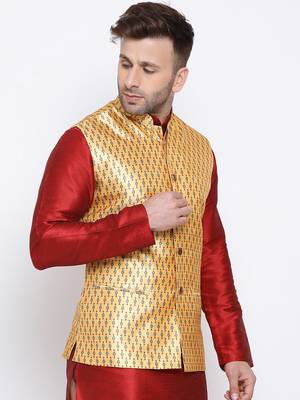 Namaskar mustard printed silk nehru-jacket 3