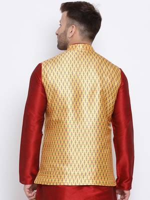 Namaskar mustard printed silk nehru-jacket 4