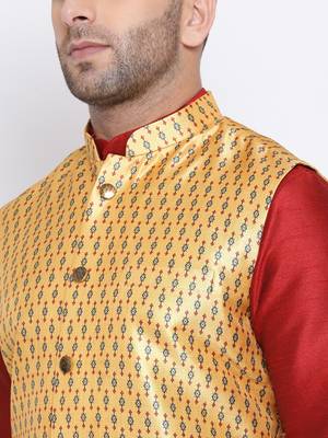 Namaskar mustard printed silk nehru-jacket 5
