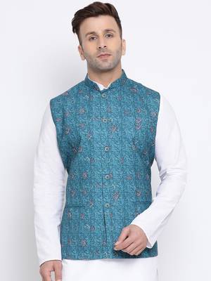 Namaskar grey printed linen nehru-jacket 1