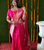 Pink woven banarasi silk saree with blouse