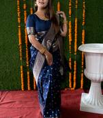 Navy blue woven Banarasi silk blend saree with blouse