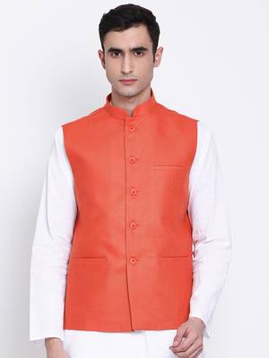 Namaskar orange plain linen nehru-jacket 1